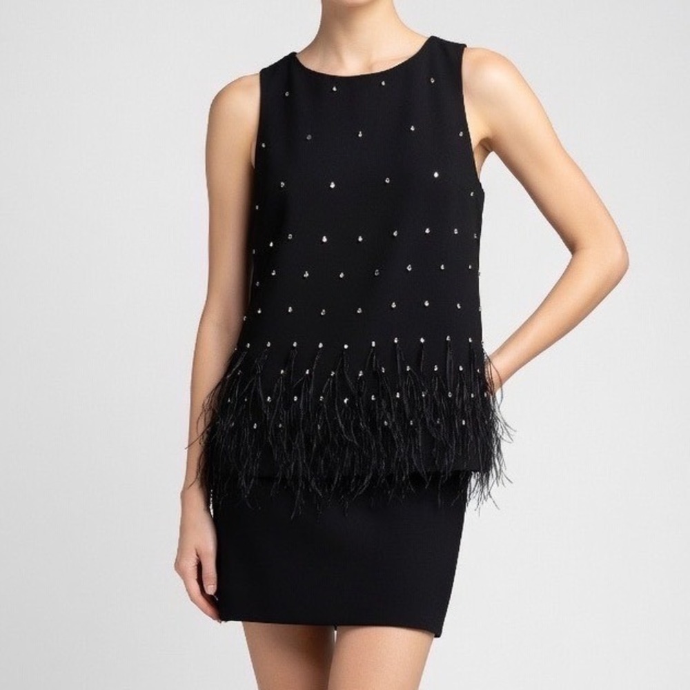 Ann Taylor Black Beaded Sleeveless‎ Top Ostrich Feather Hem Tie Back Medium Glam